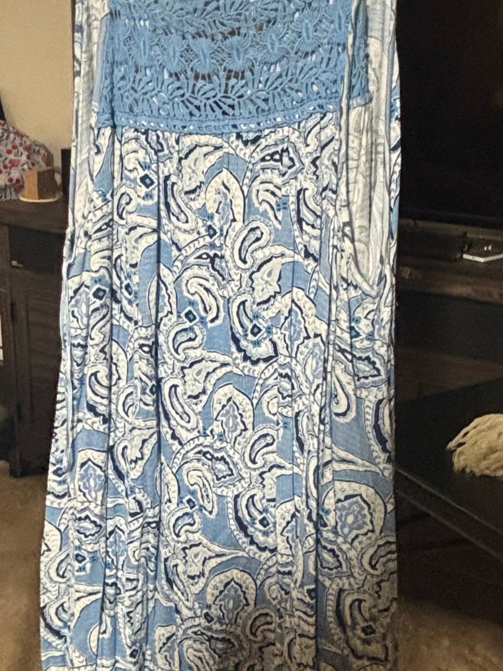 Red Camel Light Blue and White Paisley Maxi Skirt with Crochet Waist